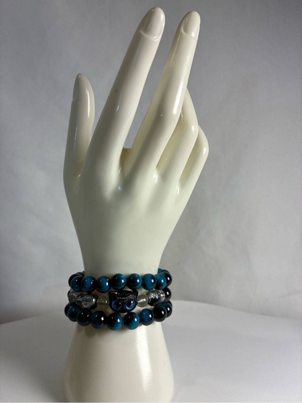 Cat Charm Beaded Bracelet - Teal Blue Set